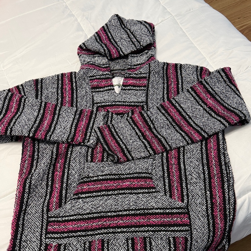 Striped Hooded Baja Pullover with Pink & Black Stripes